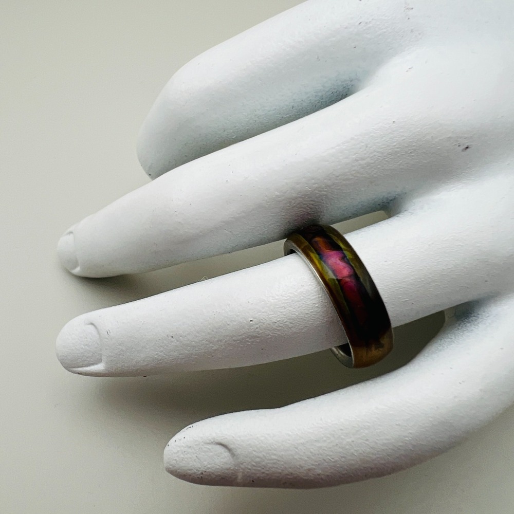 Modern Womens Band Ring Stainless Steel Iridescent Inlay Minimalist Style Size 6